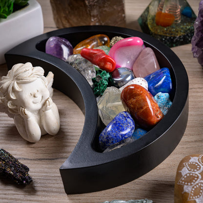 Crescent Moon Tray - Showcase Your Gems, Healing Stones & Treasures - 6"x3" Wooden Crystal Display Tray, Crystal Holder for Stones Display Shelf, Gemstone Rock Holder Charging Bowl, Black, S