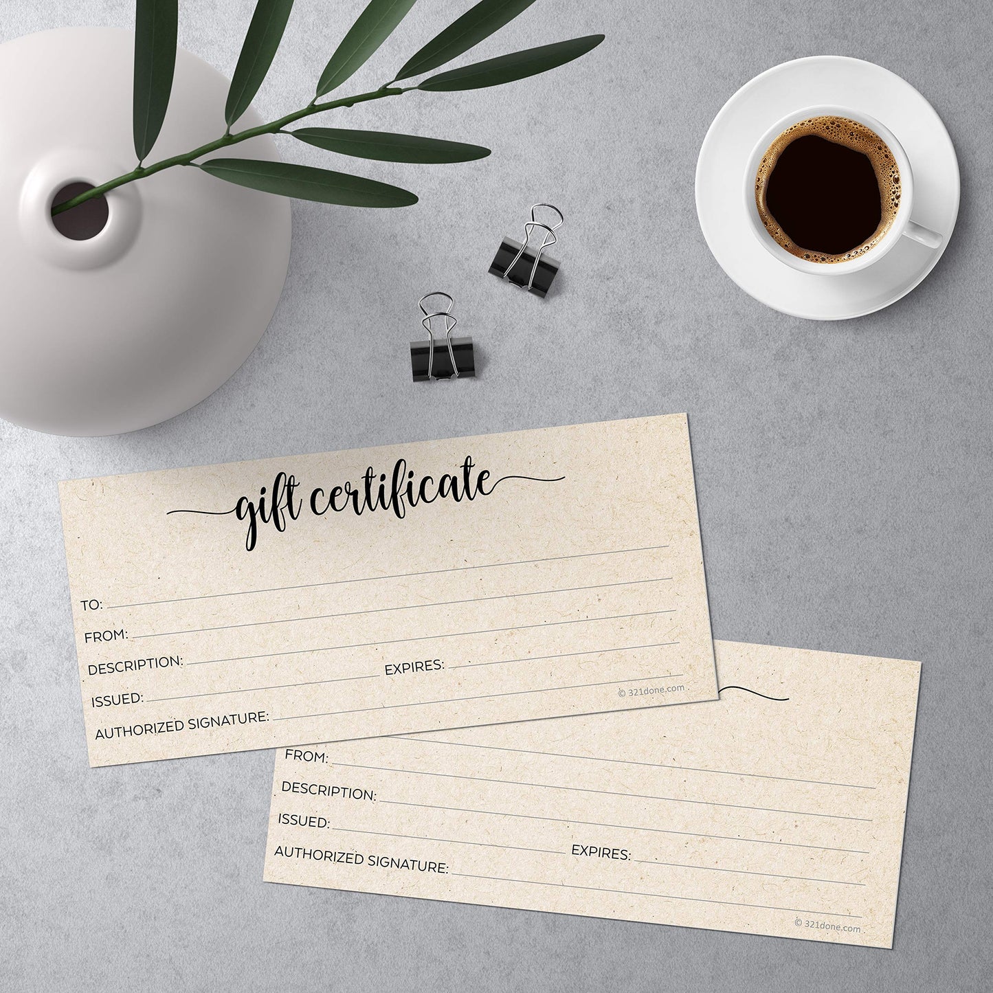 321Done Rustic Gift Certificates (Pack of 24 with Envelopes) 4x9 Inches Blank Kraft Tan Minimalist for Small Business, Holiday, Christmas Voucher, Spa, Salon - Made in USA