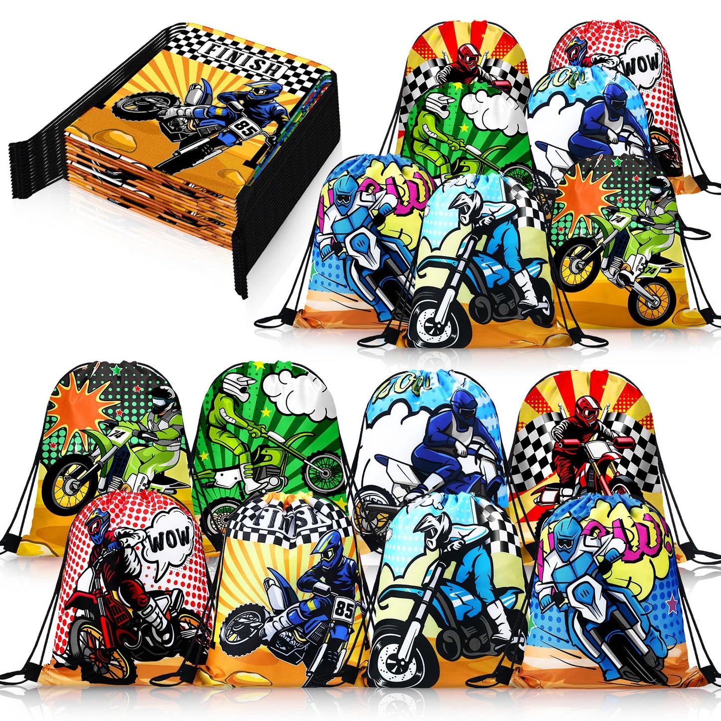 Boao 16 Pack Dirt Bike Favors Bag Racing Themed Party Drawstring Motorcycle Goodie Bags for Birthday Party Supplies Candy Gift Men Bike Lover