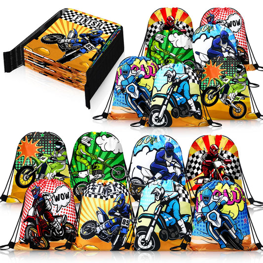 Boao 16 Pack Dirt Bike Favors Bag Racing Themed Party Drawstring Motorcycle Goodie Bags for Birthday Party Supplies Candy Gift Men Bike Lover