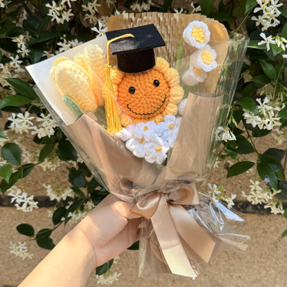 Graduation Gifts Sunflower Crochet Flowers Bouquet with Greeting Cards Handmade Knitted Artificial Flowers Home Decor