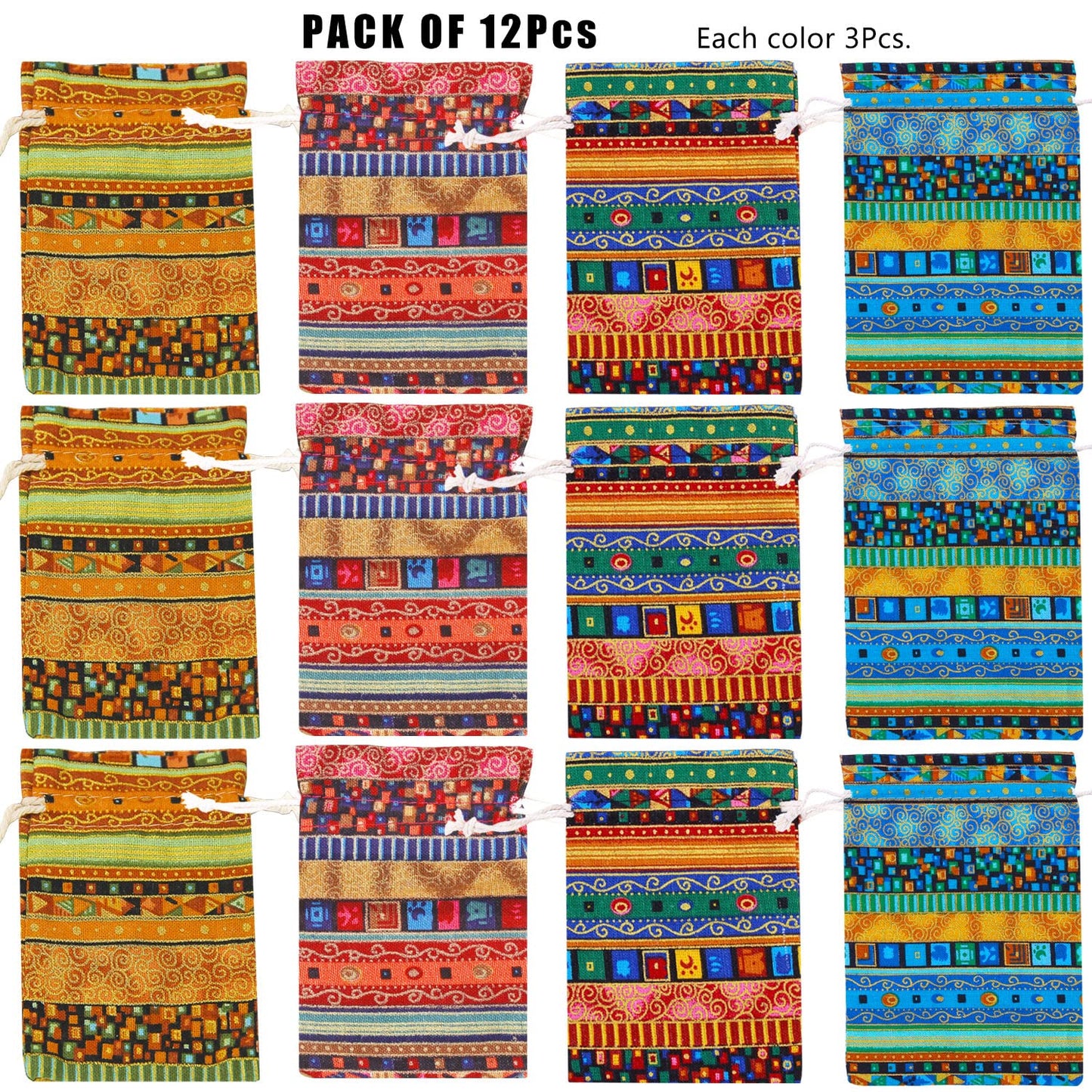 PINOWU Ethnic Style Drawstring Gift Bag 5x7 Cotton Reusable Pouches (12pcs) Jewelry Coin Storage Pouch Eco-Friendly Sachet Bags for Candy Wedding Party Valentine Favors