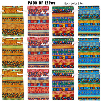 PINOWU Ethnic Style Drawstring Gift Bag 5x7 Cotton Reusable Pouches (12pcs) Jewelry Coin Storage Pouch Eco-Friendly Sachet Bags for Candy Wedding Party Valentine Favors