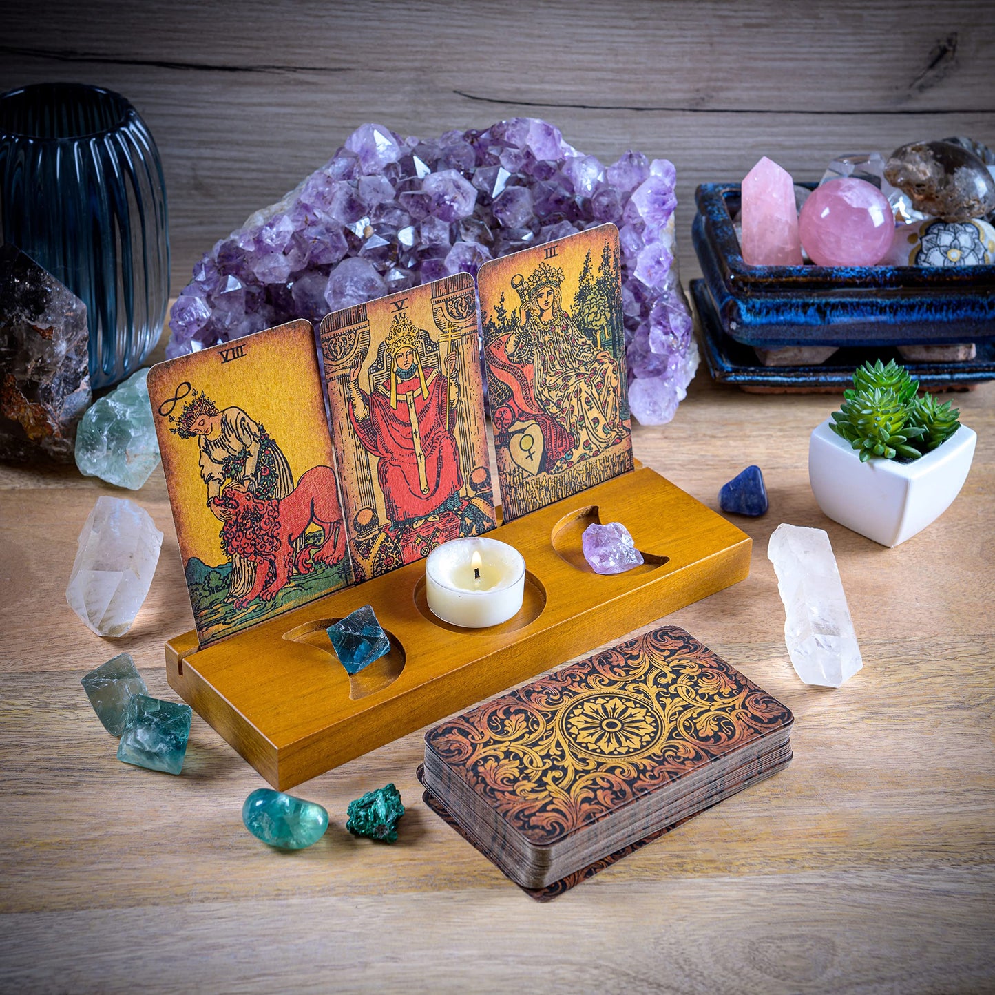 Tarot Card Holder Stand - Display Your Daily Draw - Witchy Gifts for Women, Tarot Accessories, Wiccan Altar Supplies, Witchcraft Decor, Divination Tools - 3-Card Stand with Etched Moon