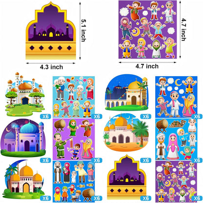 36 Sets Ramadan Stickers Eid Mubarak Craft Kit for Moon Star Scene Stickers Bulk Ramadan Kareem Decorations DIY Muslim Mosque Hanging Ornament for Tree Eid Al Fitr Party Class Activities
