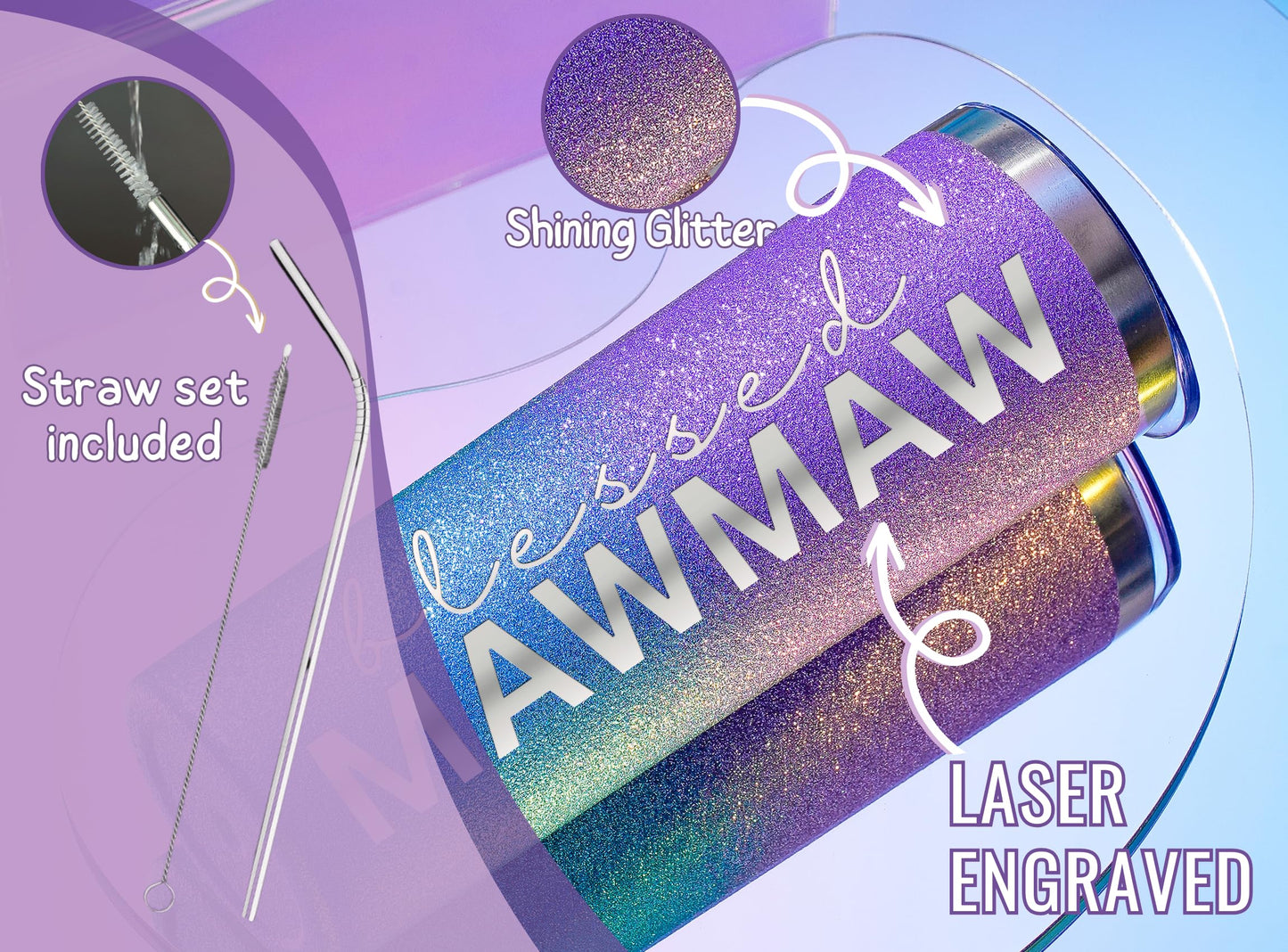 Onebttl Mawmaw Gifts for Grandma's Mother's Day, 20oz Purple & Blue Glitter Skinny Tumbler, Straw & Lid Included, Christian Gifts for Blessed Mawmaw