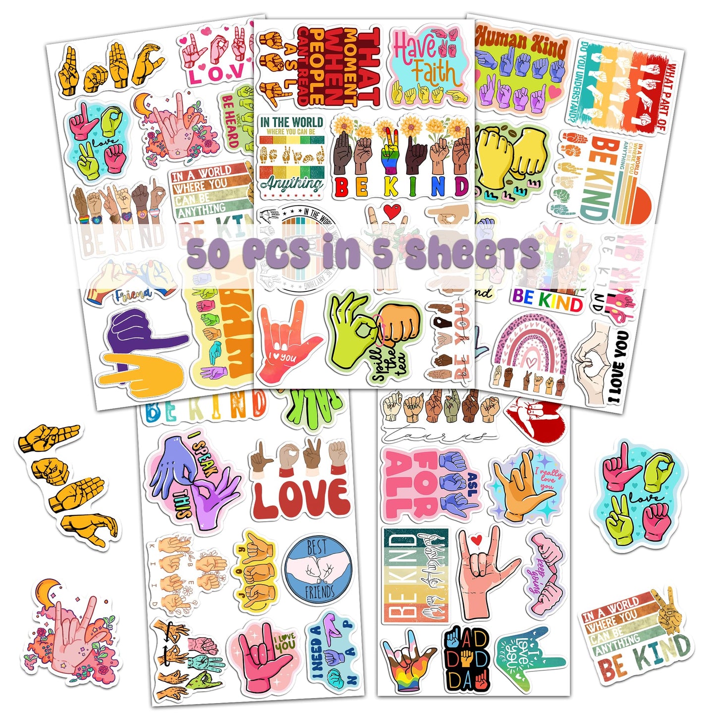 Pack 50 PCS ASL Stickers American Sign Language Vinyl Decals Waterproof Decorations Patches Laptop Bumper Water Bottles Computer Bicycle Luggage Cup Phone Case Skateboard