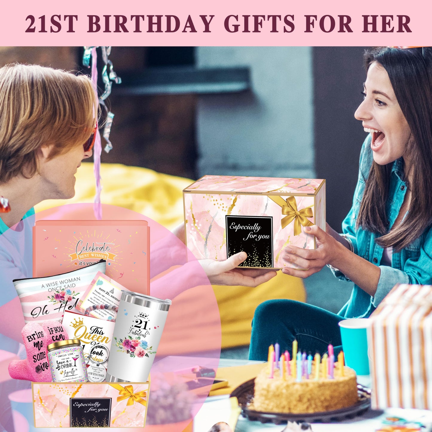 ShinnyWis 21st Birthday Gifts for Women Her,Happy 21st Birthday Basket Gifts Box for Her Daughter Sister Girlfriend,Tumblers Gifts Set for 21 Year Old Women,Funny 21 Birthday Gifts Ideas