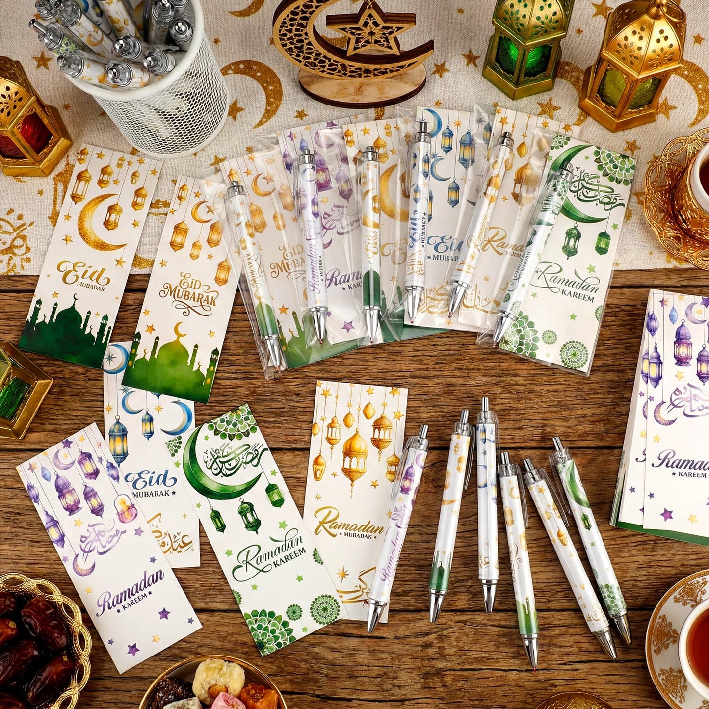 120 Pcs Ramadan Gifts Eid Mubarak Pens Bulk Include Retractable Ballpoint Pens Cards Greeting Gift Bags for Eid Party Favors Muslim Gifts Bulk Islamic Goody Bag Stuffers