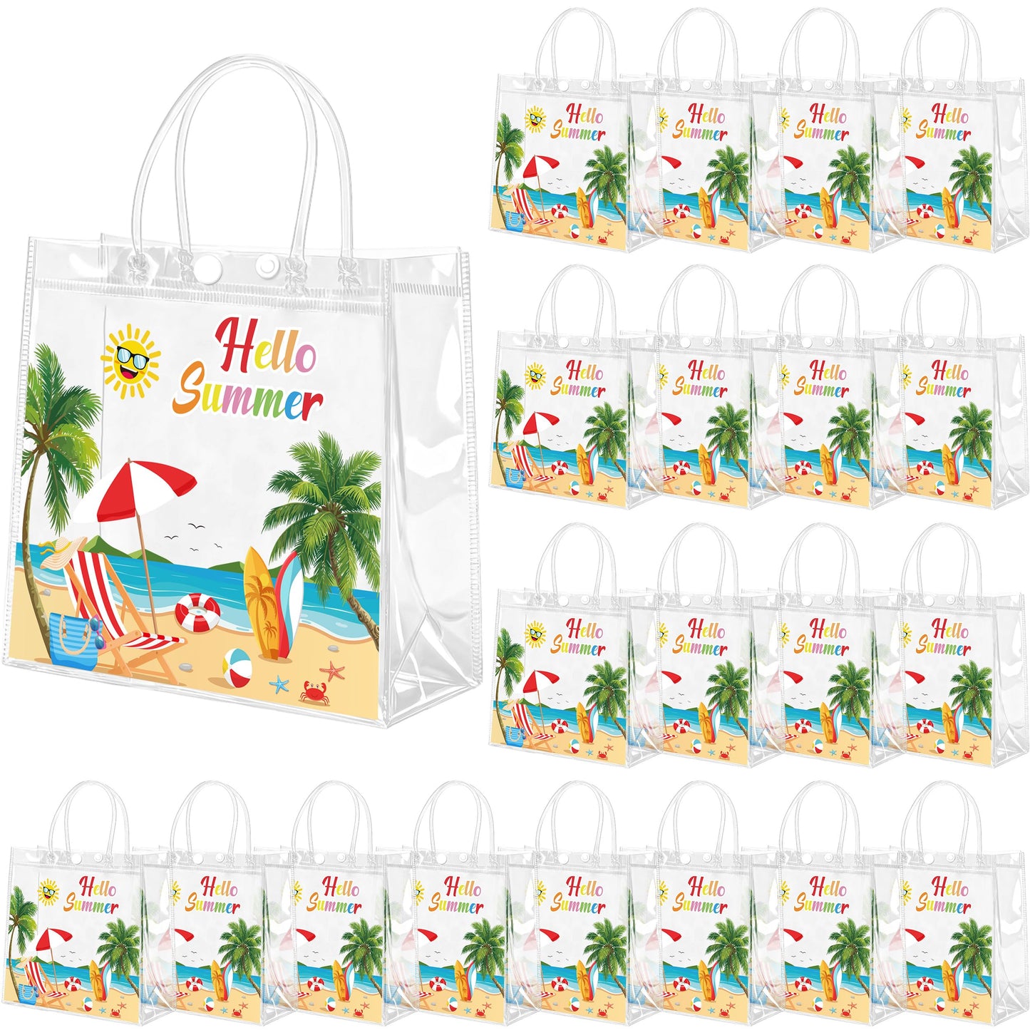 Renbuzhu 25PCS Summer Gift Bags Bulk 8 x 8 x 3Inches: Clear PVC Transparent Bag Waterproof Tote with Handles Beach Pool Birthday Tropical Party Supplies