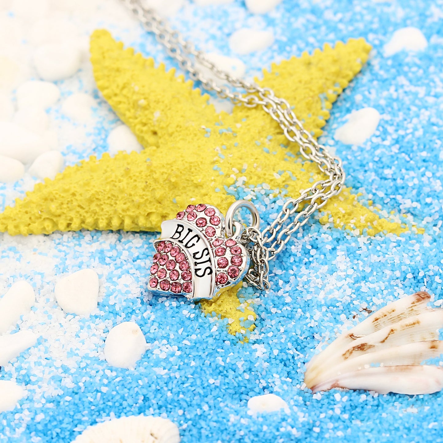 lauhonmin Family Jewelry Silver Alloy Pink Crystal Love Heart Big Sister Charm Pendant Necklace Women Gift