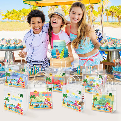 H1vojoxo Hello Summer Gift Bags - 24PCS Sunny Beach Clear Gift Bags with Handles 7.87 x 3.2 x 7.87 Inch Reusable PVC Plastic Transparent Waterproof Tote Bag for Summer Party Birthday Party Supplies