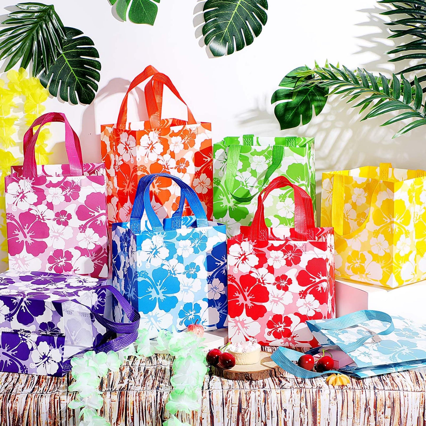 Teling 24 Pcs Large Hawaiian Party Favor Tote Bags 15lb Non Woven Hibiscus Goodie Gift Bag with Handles Luau Tropical Aloha Tiki Summer Birthday Party Supplies