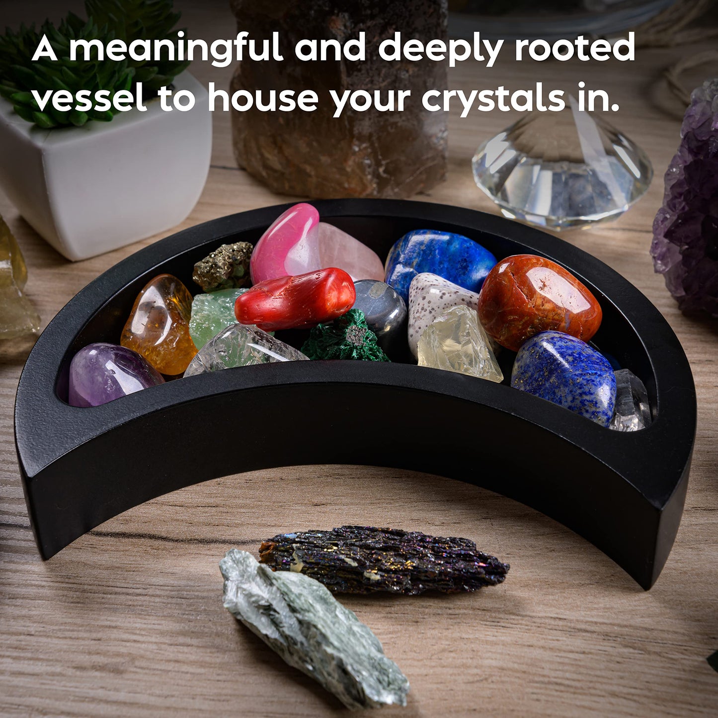 Crescent Moon Tray - Showcase Your Gems, Healing Stones & Treasures - 6"x3" Wooden Crystal Display Tray, Crystal Holder for Stones Display Shelf, Gemstone Rock Holder Charging Bowl, Black, S