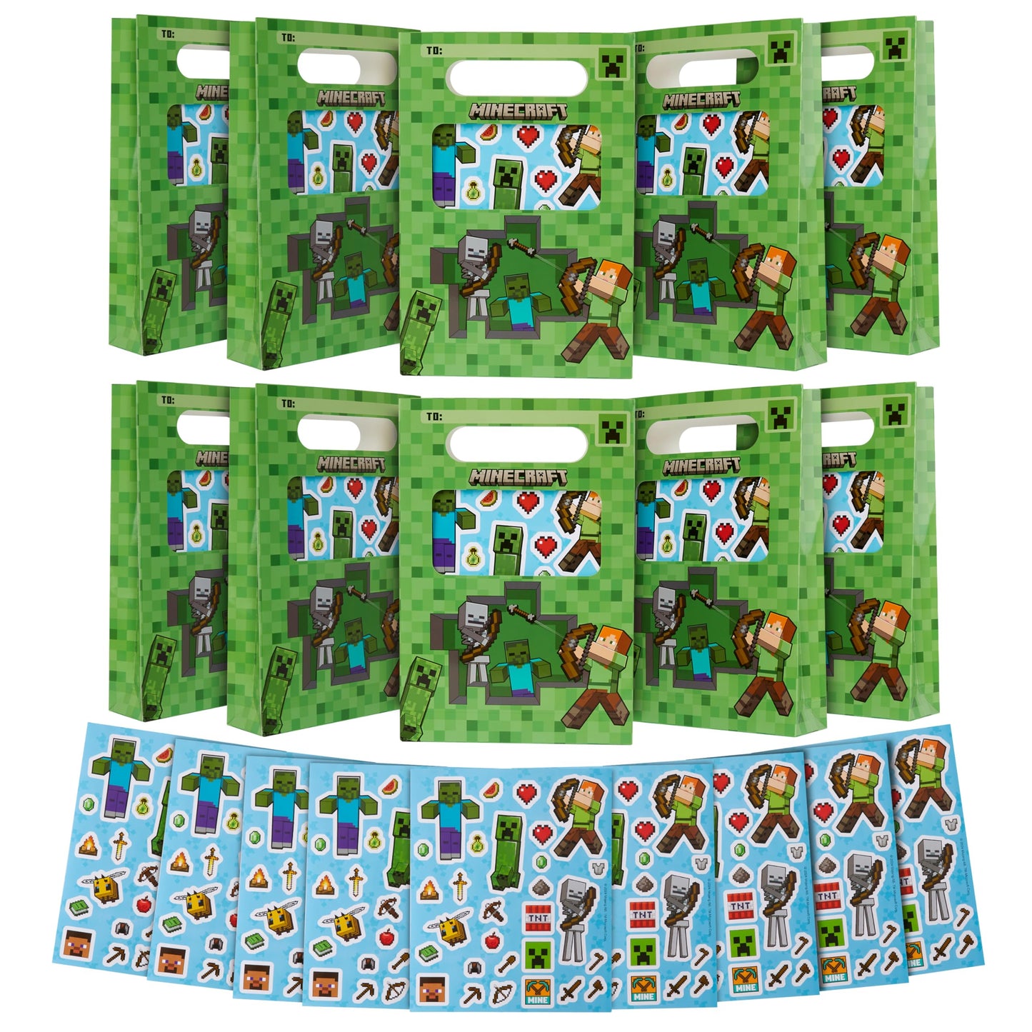 Minecraft Gift Bags for Kids with Sticker Sheets, 10 Pack Small Paper Party Favor Goodie Bags with Handles, Creeper Treat for Kids, Boys & Girls Birthday Party Decoration Supplies