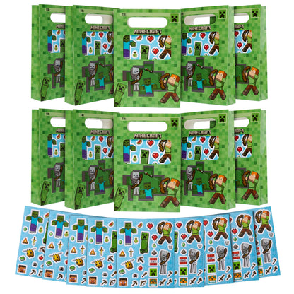 Minecraft Gift Bags for Kids with Sticker Sheets, 10 Pack Small Paper Party Favor Goodie Bags with Handles, Creeper Treat for Kids, Boys & Girls Birthday Party Decoration Supplies
