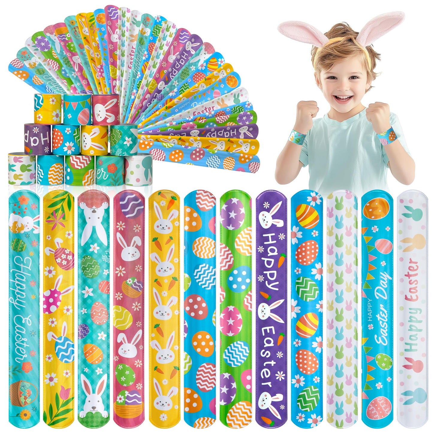 Childom 36 Pcs Easter Slap Bracelet,Easter Decorations Bracelet Decorations Gifts,Bunny Bracelets Present for Holiday Goodie Bag Stuffers,Bracelets Bulk for Birthday School Classroom Prizes Outdoor