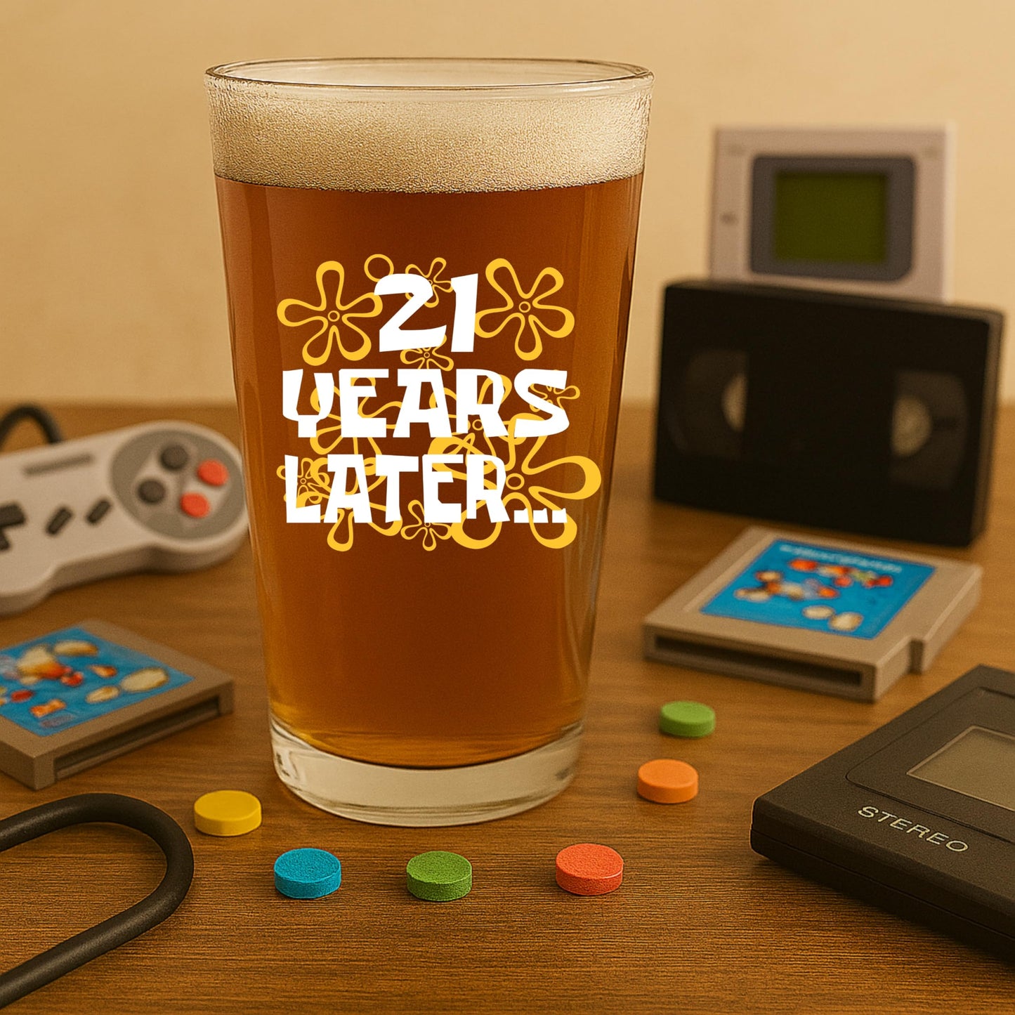 Funny 21st Birthday Gift for Him – “21 Years Later” Beer Glass Design – 16oz Pint Glass – Hilarious College Turning 21 gift for Men, Son, Brother or Best Friend – Nostalgic Birthday Present