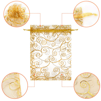Staruby Organza Gift Bags 100Pcs Gold Sheer Organza Bag 5x7 Inch Mesh Favor Bags Drawstring Jewelry Rattan Printed Gift Pouches for Wedding Party Favors Couple Shower Christmas Gifts Candy Bags