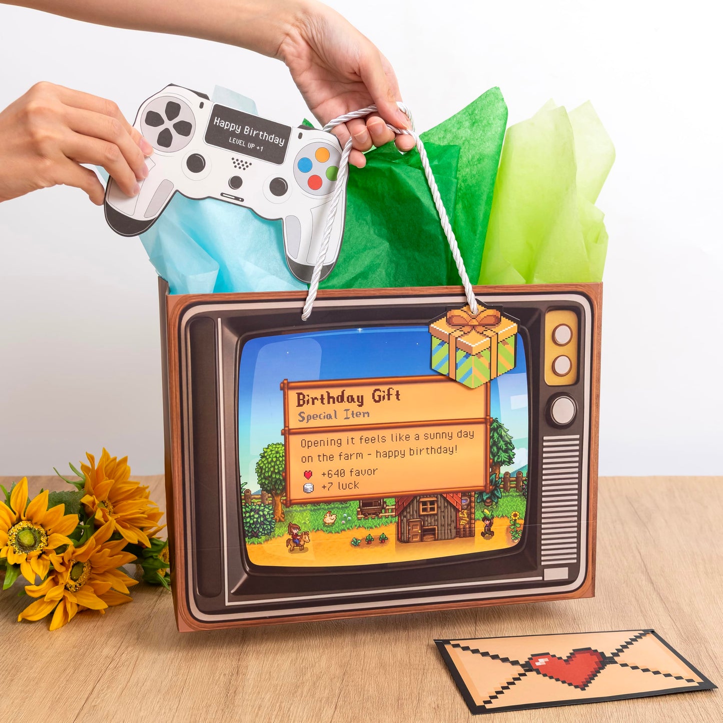 Crisky Gamer Birthday Gift Bag Set – Pixel Art Design with Greeting Card, Tissue Paper & Stickers | for Boys, Men, Video Game Party Favors & Decorations, 13 inch