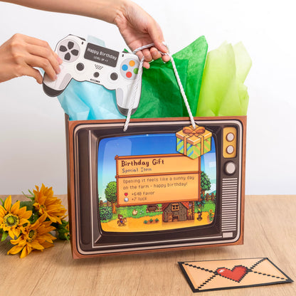 Crisky Gamer Birthday Gift Bag Set – Pixel Art Design with Greeting Card, Tissue Paper & Stickers | for Boys, Men, Video Game Party Favors & Decorations, 13 inch