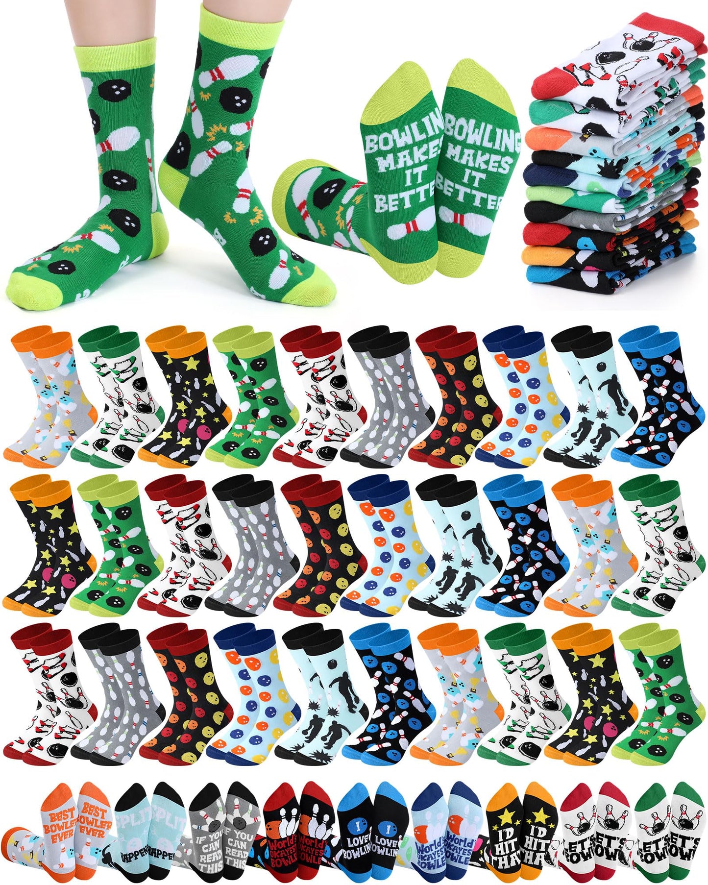 Berlune 30 Pairs Novelty Bowling Socks for Men Funny Bowling Fathers Day Crew Socks Gifts Bulk Sport Gift for Bowlers Lovers