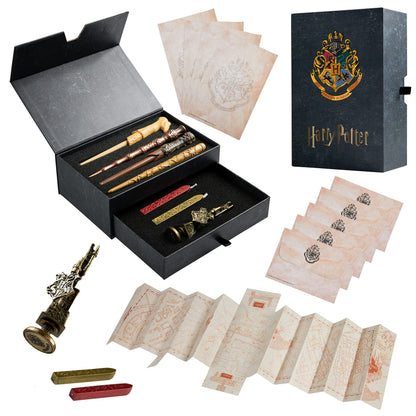 Harry Potter Gifts Writing Set with Wand Pens Stationery Box for Boys Girls Teens Kids Adults with Marauders Map Envelopes Paper Wax Stick Stamp