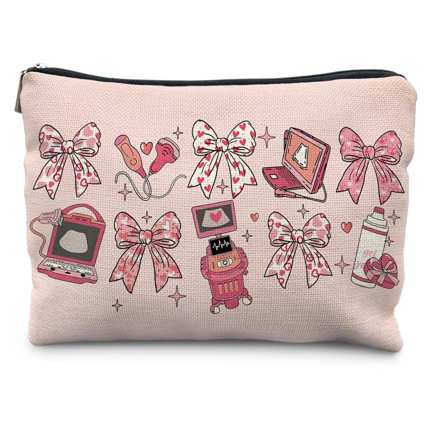 Coquette Pink Bow Sonographer Gifts Makeup Bag, Ultrasound Tech Technologist Gifts Cosmetic Bags for Women, Medical Nursing Zipper Makeup Pouch Travel Toiletry Bag