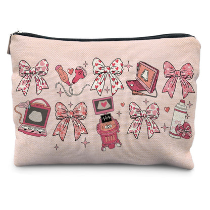 Coquette Pink Bow Sonographer Gifts Makeup Bag, Ultrasound Tech Technologist Gifts Cosmetic Bags for Women, Medical Nursing Zipper Makeup Pouch Travel Toiletry Bag