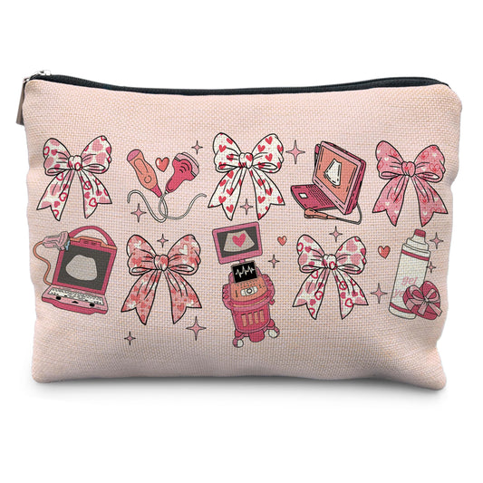 Coquette Pink Bow Sonographer Gifts Makeup Bag, Ultrasound Tech Technologist Gifts Cosmetic Bags for Women, Medical Nursing Zipper Makeup Pouch Travel Toiletry Bag
