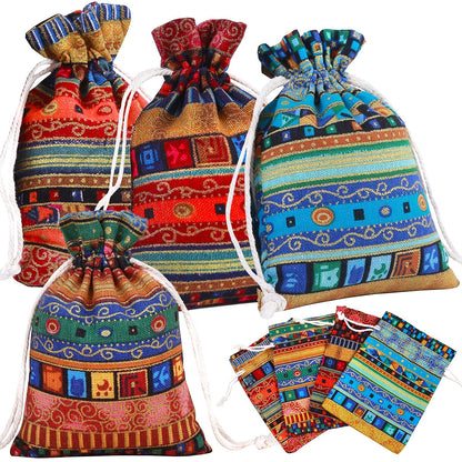 PINOWU Ethnic Style Drawstring Gift Bag 5x7 Cotton Reusable Pouches (12pcs) Jewelry Coin Storage Pouch Eco-Friendly Sachet Bags for Candy Wedding Party Valentine Favors
