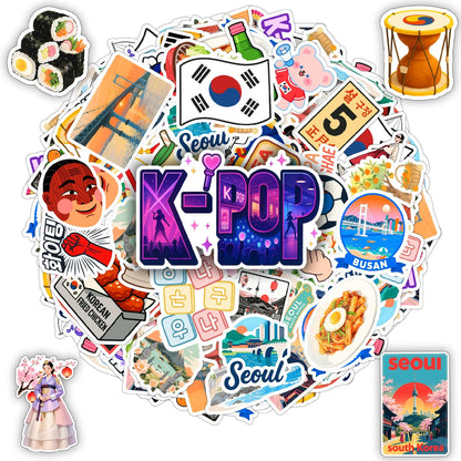 100 PCS South Korea Stickers – Korean Travel Icons, Food & Culture Vinyl Waterproof Decals for Laptop, Scrapbook, Water Bottle, Car, Guitar – Fun Gift for Teens & Adults