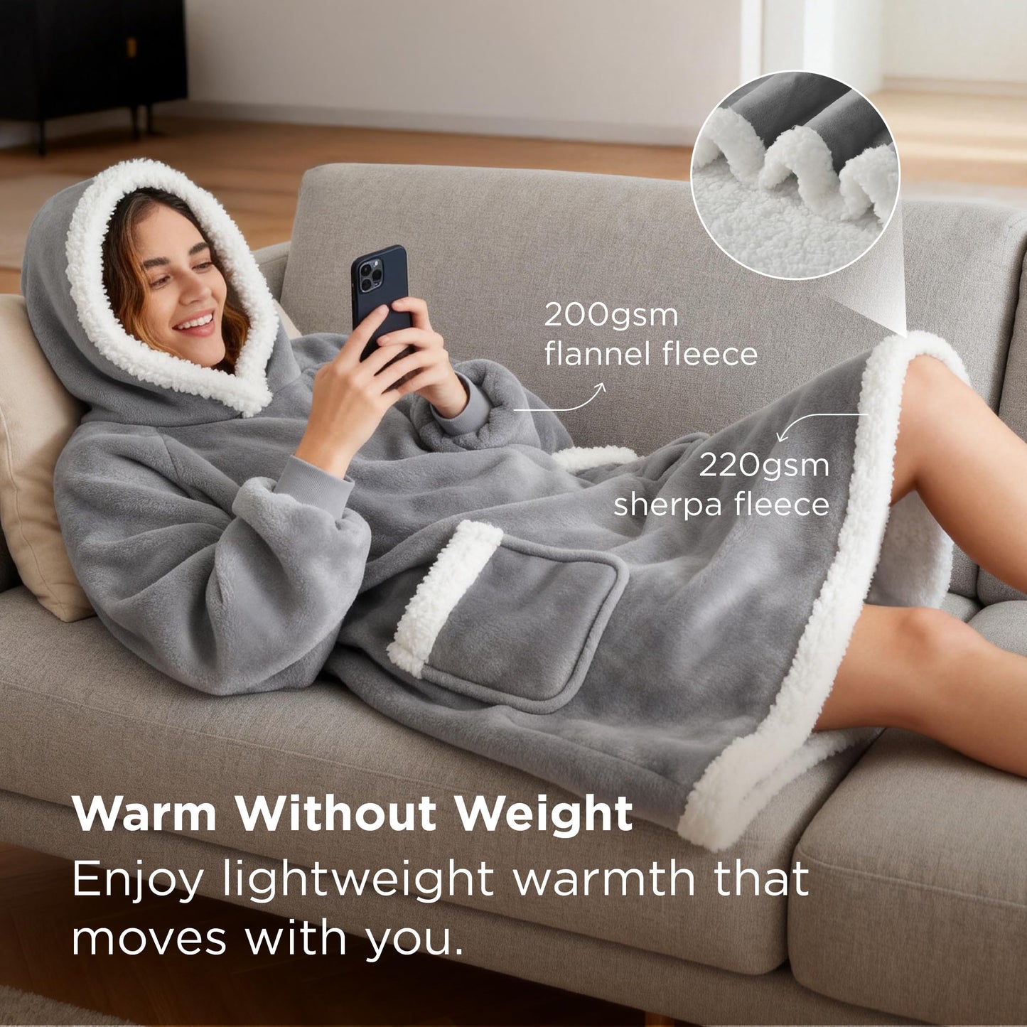 Bedsure Blanket Hoodie, Wearable Blanket Hoodie as Gifts for Mom, Birthday Gifts for Women Kids Teens Mother's Day Sherpa Sweatshirt, Grey, Standard