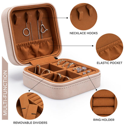 Custom Leather Customized Jewelry Organizer Box w/Name & Birth Flower Month - Birthday Gifts for Women, Mom Personalized Jewelry Travel Case - Beige