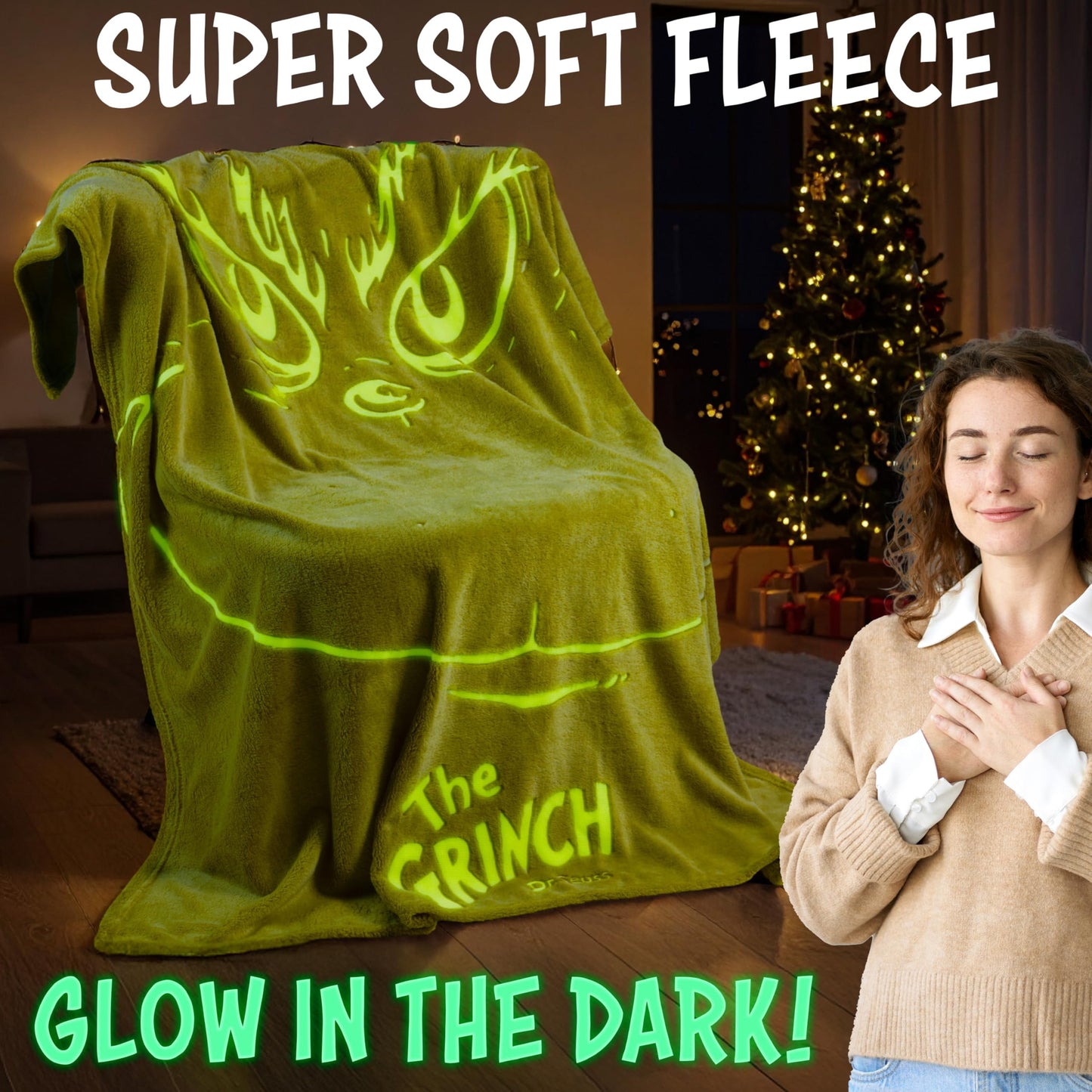 The Grinch Glow in the Dark Throw Blanket 51x59” for Kids Teens Adults, Soft Fleece Blanket for Sofa Bed, Cozy Warm Gifts for Kids (Green Grinch)