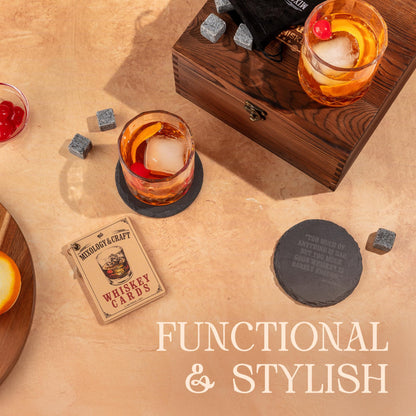 Mixology & Craft Whiskey Stones Gift Set: with Two 10oz Lead-Free Crystal Whiskey Glasses, 8 Whiskey Stones with Velvet Bag, 2 Slate Coasters & Recipe Cards in Wooden Crate | Great