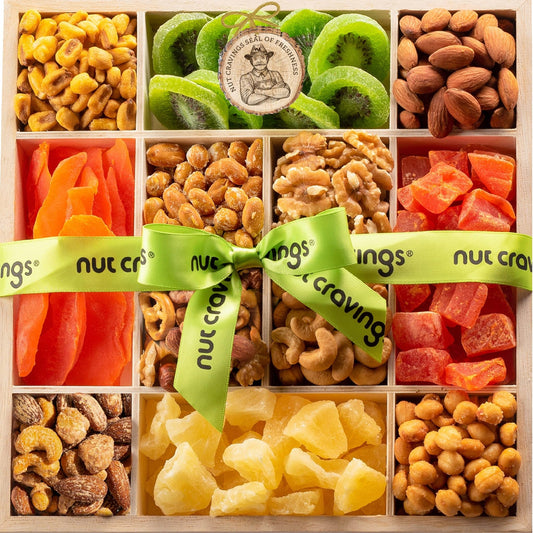NUT CRAVINGS - Fathers Day Treats, Gift For Dad, Dried Fruit & Mixed Nuts Gift Basket in Reusable Wooden Tray + Ribbon (12 Assortments) Food Arrangement, Healthy Snack Care Package, Kosher