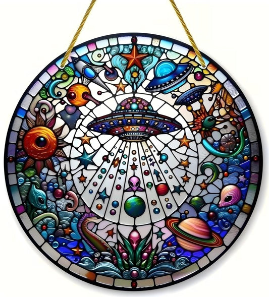 Stained Acrylic Window Hanging, UFO Alien Sun Catchers Colorful Acrylic Panel Suncatcher Home Decor Gift for Women, Men, Wife, Aunt, and Mom 7.8 in