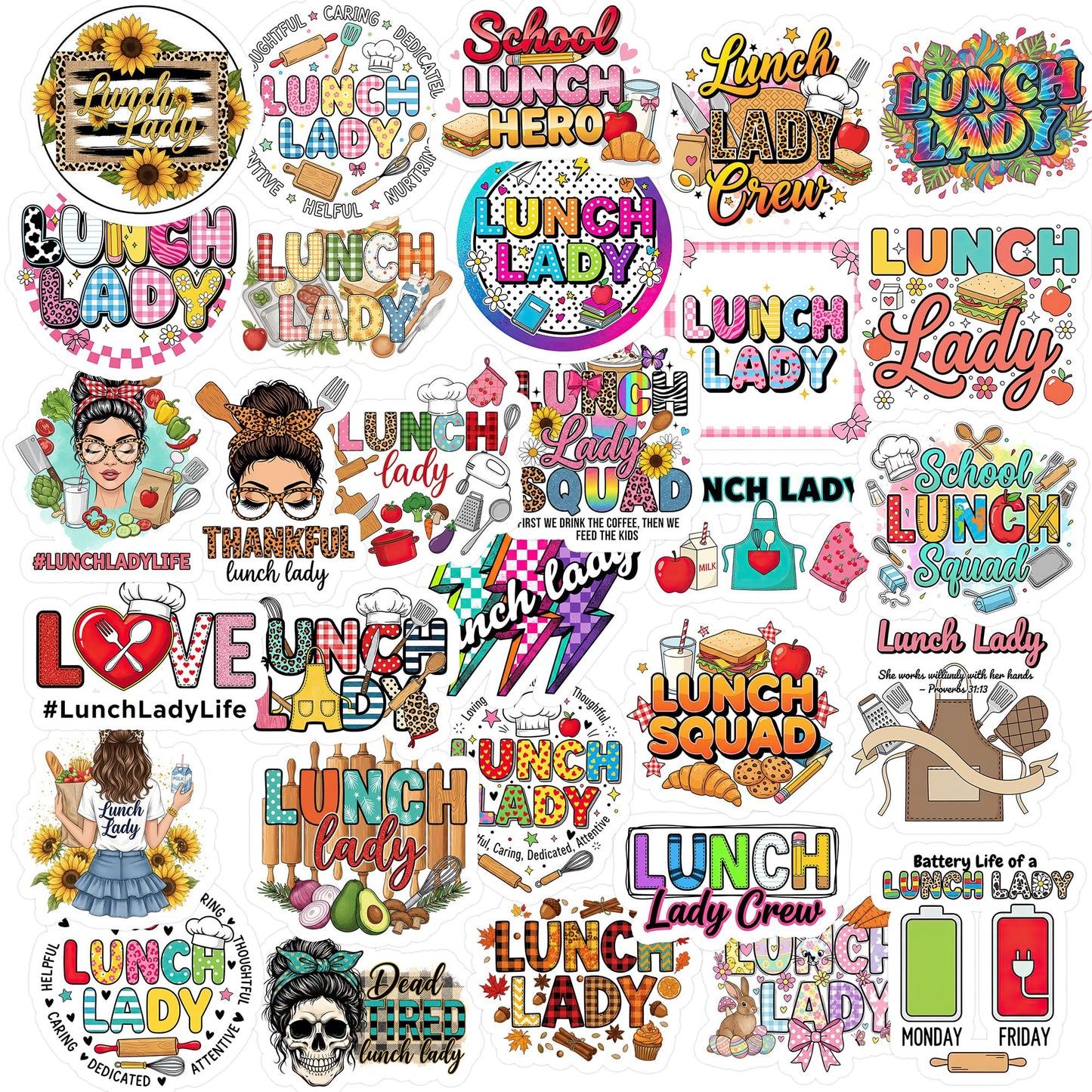 30pcs Lunch Lady Stickers Pack – Waterproof Appreciation Vinyl Decals with Food and Quotes – Fun Sticker Set for Notebooks, Tumblers, Laptops, Gifts, Cafeteria Workers & Teacher Appreciation