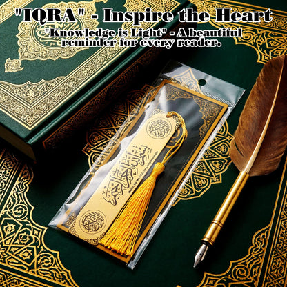 Resurhang 10 Sets Eid al-Adha Mubarak Gifts Islamic Metal Bookmarks Bulk with Cards Hajj Quran Markers Gold Stainless Steel Tassels Muslim Religious Party Favors Men Women