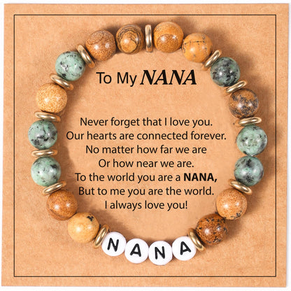 Lamyba Nana Gifts for Christmas or Birthday, Crochet Sunflower Decor with Message Card, Natural Stone Adjustable Nana Bracelet and Keychain Set, Mothers Day Grandma Gifts for Nana Women