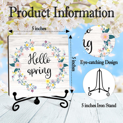 Spring Decor, Hello Spring Wooden Sign, Floral Wreath Desk Wood Decor with Iron Stand, Easter Gifts for Women Wood Sign Decorations for Home Office Bedroom - B05