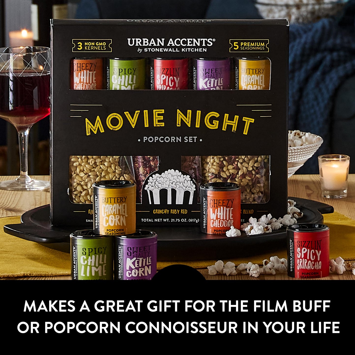 Urban Accents Movie Night Small-Batch Popcorn Gift Set – Includes 3 Gourmet non-GMO Popcorn Kernel Varieties & 5 Flavorful Seasonings – Perfect Snack Gift Box for Parties, Holidays, or Movie Lovers