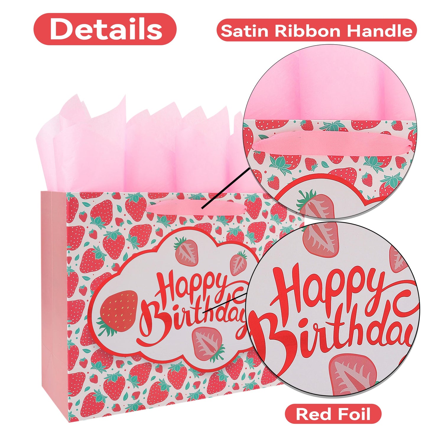 wishinside 13” Large Strawberry Happy Birthday Gift Bag Set with Handles, Greeting Card, Tissue Papers and Stickers for Girls Kids Teens Women, Cute Fruit Themed Birthday Design, 1 Pcs