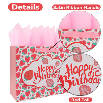 wishinside 13” Large Strawberry Happy Birthday Gift Bag Set with Handles, Greeting Card, Tissue Papers and Stickers for Girls Kids Teens Women, Cute Fruit Themed Birthday Design, 1 Pcs