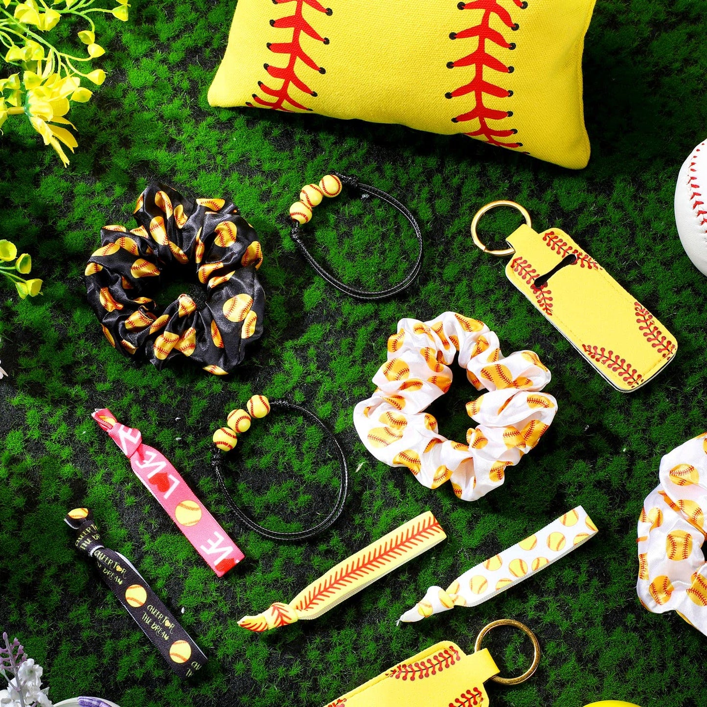 Nuogo 60 Pcs Softball Gifts for Team Girls Softball Party Favors Include Cosmetic Bag, Keychains, Hair Scrunchies, Hair Ties, Bracelets for Sport Theme Birthday Party Supplies