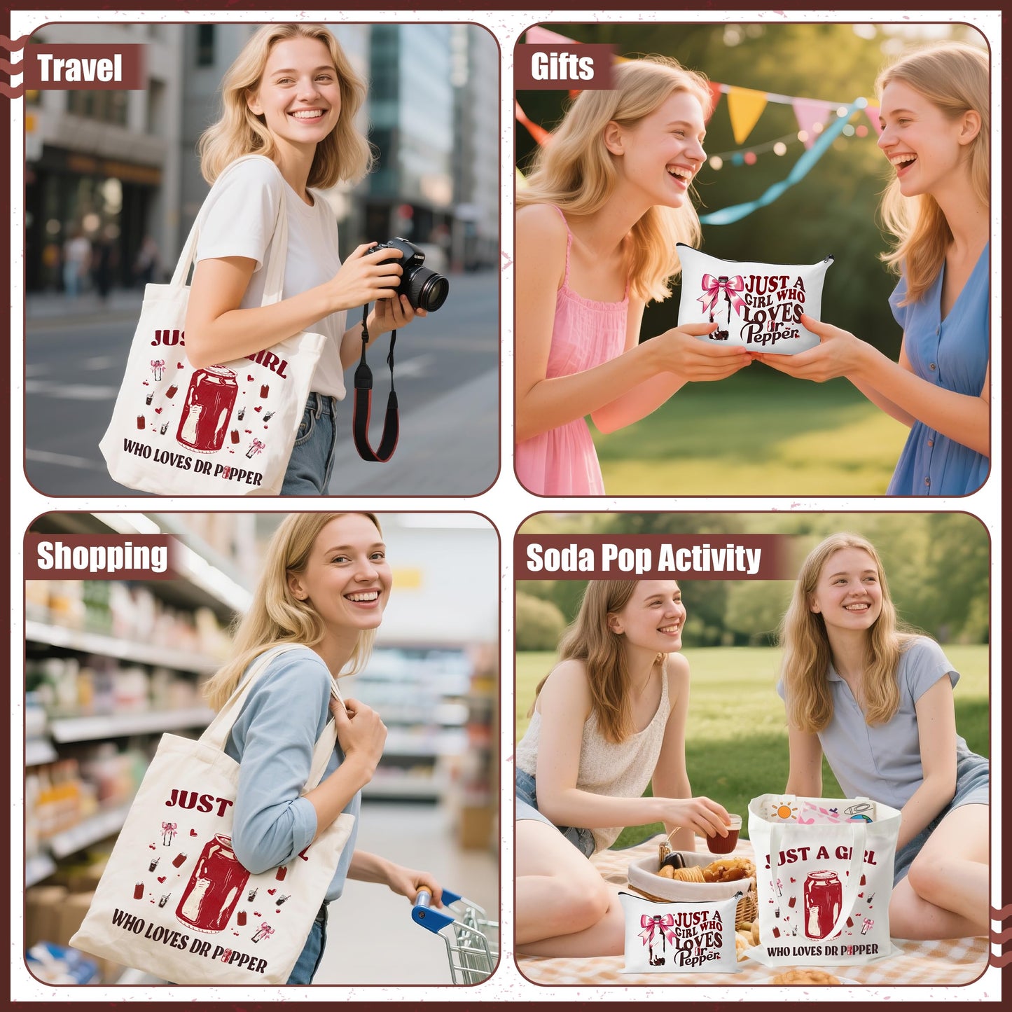 Drinks Lovers Canvas Bags - 2Pcs Soda Drinks Lover Gift Tote Bag Makeup Bag, Bring Me A Pepper And Tell Me I’m Pretty Handbag Cosmetic Pouch, Supply for Birthday Party Vodka Drinkers