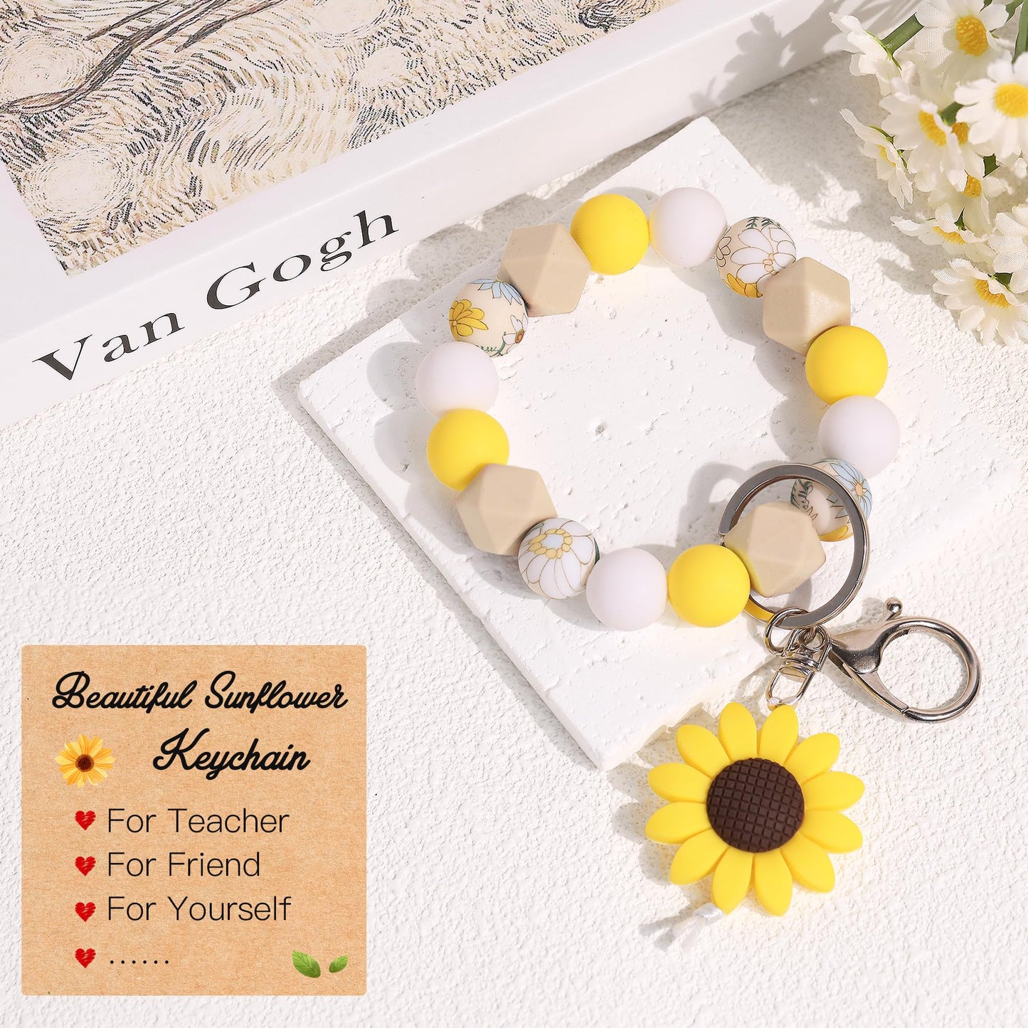 4 Pack Teacher Appreciation Gifts in Bulk, Teacher Gifts for Women with Silicone Sunflower Keychains, Thank You Gifts for Teacher Appreciation Week End of Year Christmas Valentines from Student