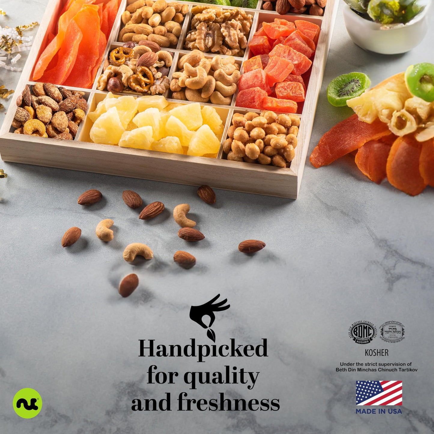 NUT CRAVINGS - Fathers Day Treats, Gift For Dad, Dried Fruit & Mixed Nuts Gift Basket in Reusable Wooden Tray + Ribbon (12 Assortments) Food Arrangement, Healthy Snack Care Package, Kosher