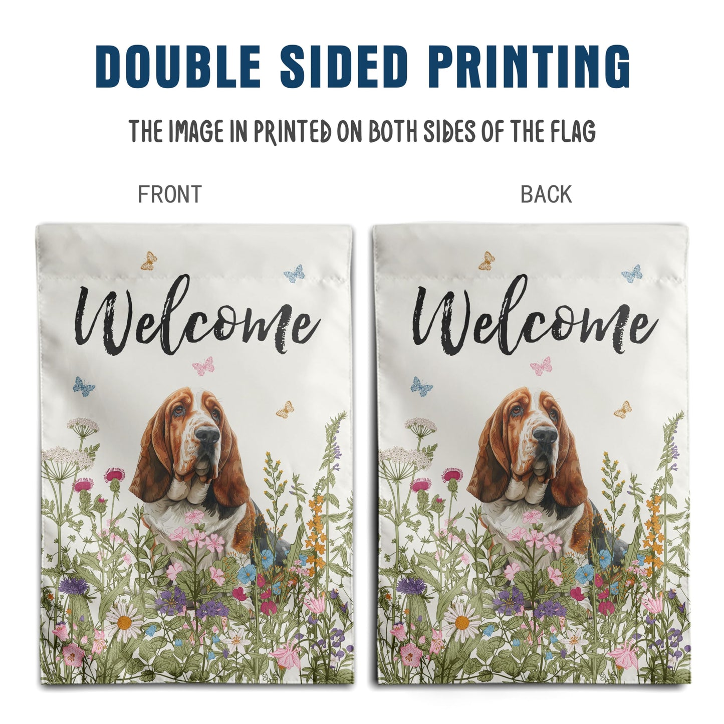 Spring Summer Garden Flag Floral Basset Hound Yard Flag Flower Dog Garden Flags for Outside Small Outdoor Welcome Flags 12x18 Double Sided